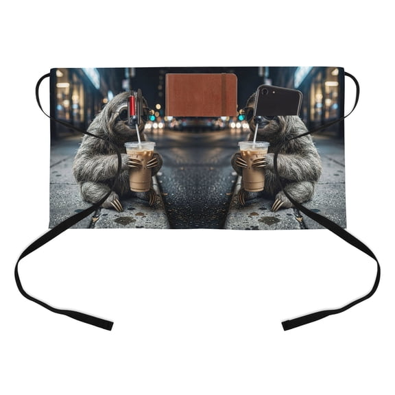 Koala Drink Iced Coffee Kitchen Restaurant Half Waist Apron, Modern City Sidewalk Funny Animal Server Short Apron with 3 Pockets Waterproof Oil Waist Aprons for Women Waitress Waiter