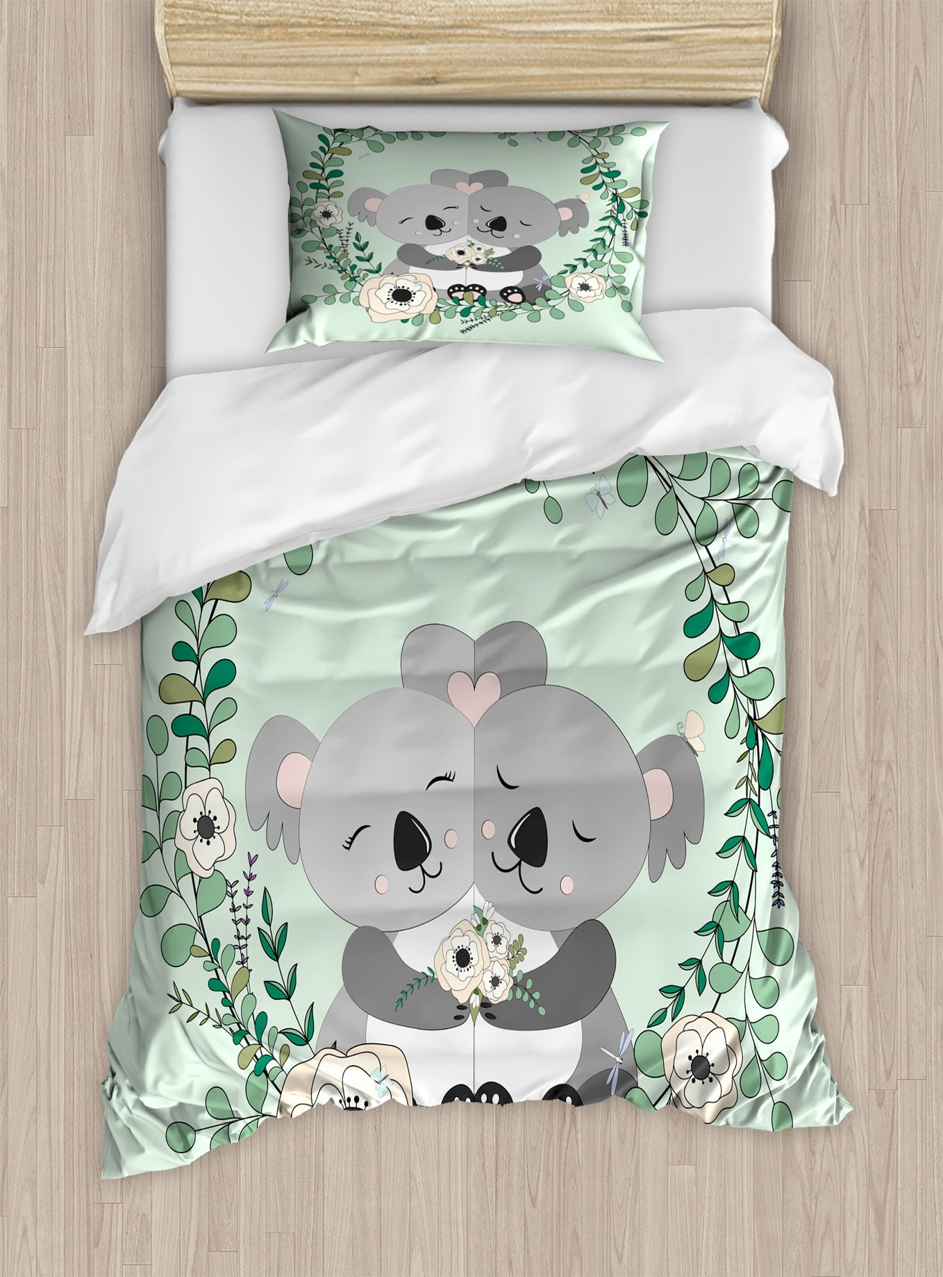 Koala Duvet Cover Set, Koalas Hugging with Eucalyptus and Flower Wreath