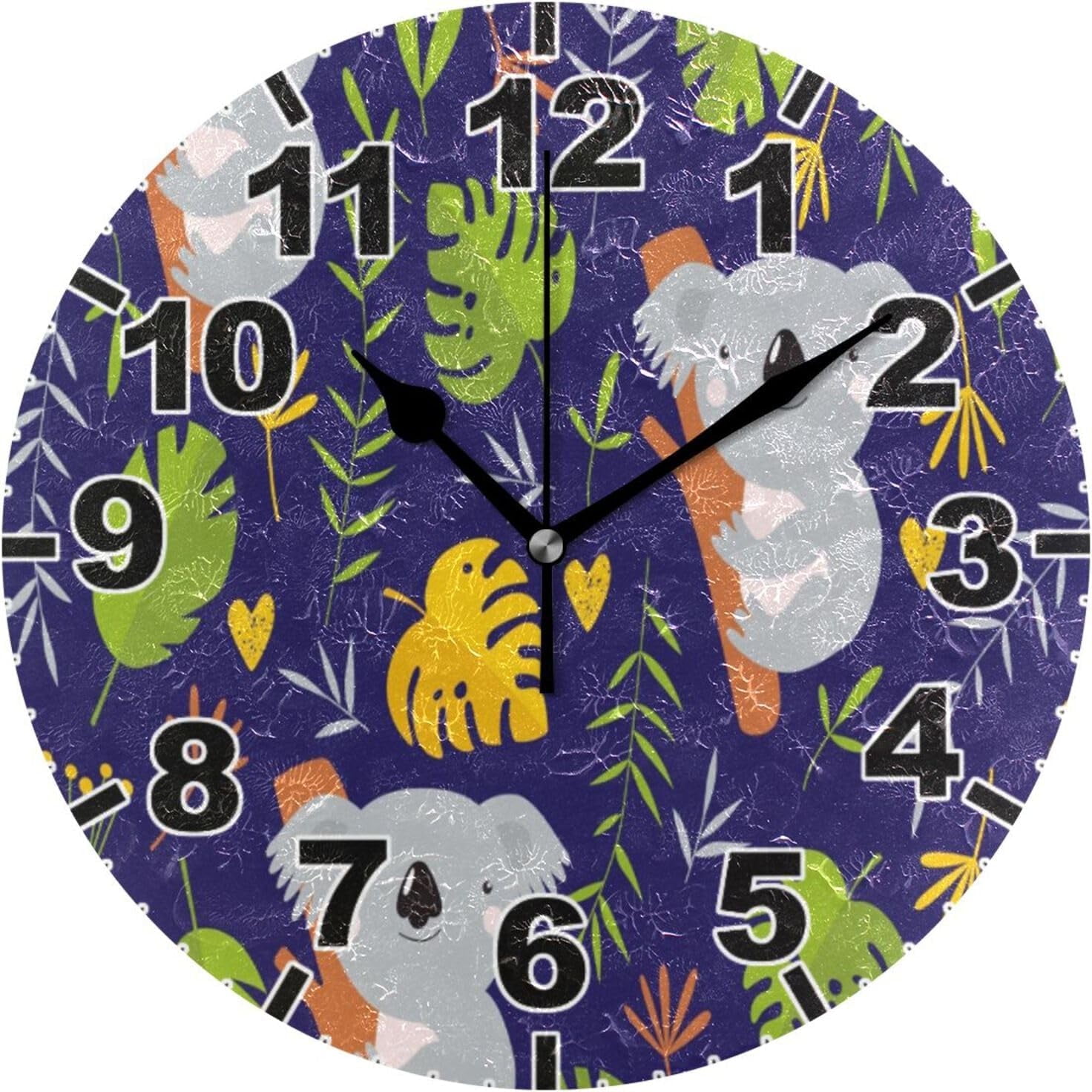 Koala Eucalyptus Leaves Round Wall Clock, Battery Operated Silent Non ...