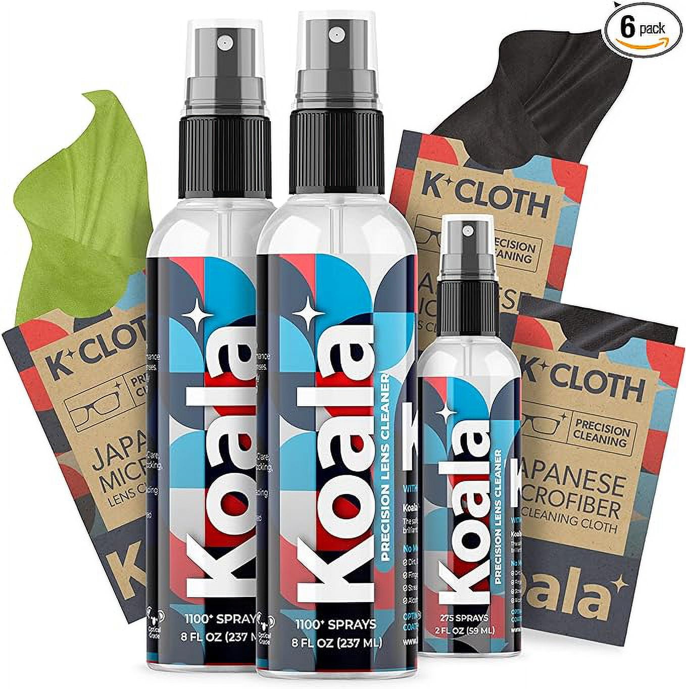 Koala Eyeglass Lens Cleaner Spray Kit | (2x) 8 oz + (1x) 2 oz Glasses Cleaner Bottle + 3 Microfiber Cloth | Alcohol Free Screen and Camera Cleaning Kit (6 Piece Set)