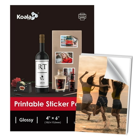 Koala Glossy Sticker Paper for Inkjet Printer, White Adhesive Photo Paper 4x6 In Glossy Photo Sticker Paper 50 Sheets