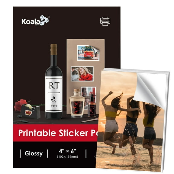 Koala Glossy Sticker Paper for Inkjet Printer, White Adhesive Photo Paper 4x6 In Glossy Photo Sticker Paper 50 Sheets