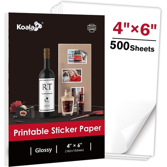 Koala Glossy Sticker Paper for Inkjet Printers, 500 Sheets Adhesive Photo Paper 4x6 Inch, Glossy White Photo Sticker Paper
