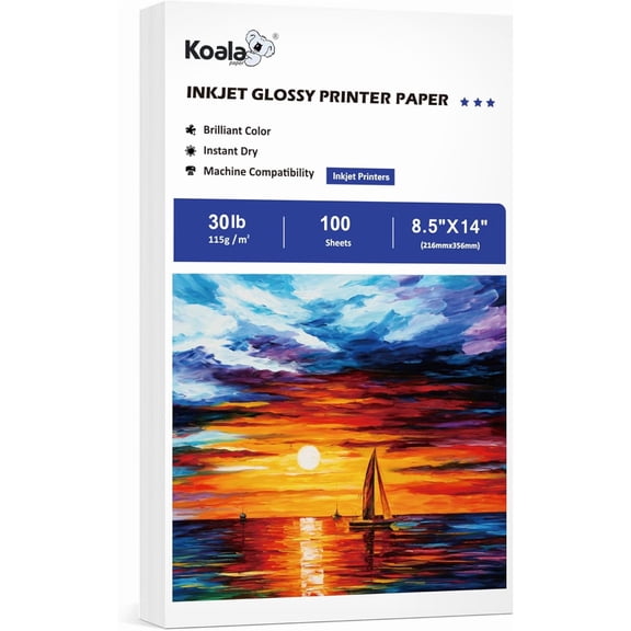 Koala Glossy Thin Inkjet Paper 8.5X14 Inches 100 Sheets 30LB Legal Size Printer Paper Compatible with Inkjet Printer Use DYE INK 115gsm