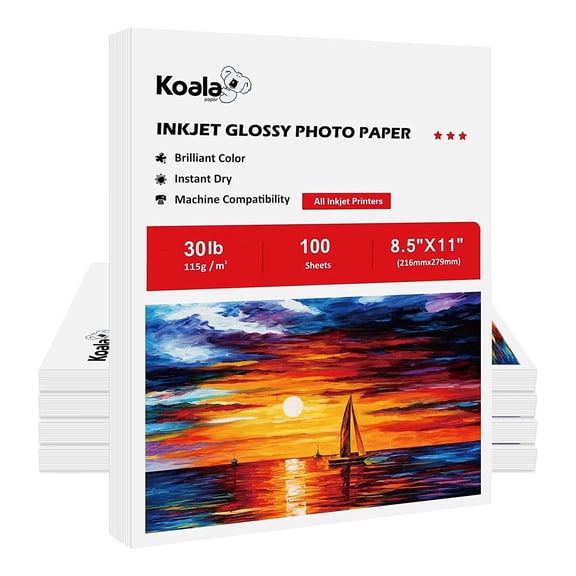 Koala Glossy Thin Inkjet Printer Paper 8.5x11 inch, 30lb 115gsm, 500 Count, Picture Paper, Chip Bag Papers