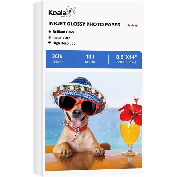 Koala Glossy Thin Inkjet Printer Paper for DIY Chip Bag and Print Brochure Flyer 8.5x14 Inches Legal Size 100 Sheets 36LB for Inkjet Printers Use DYE INK