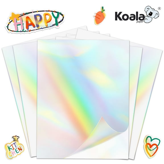 Koala Holographic Sticker Paper Clear Rainbow for Inkjet + Laser Printers 8.5x11, Clear Vinyl Sticker Sheets 5 PK