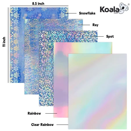 Koala Holographic Sticker Paper for Inkjet + Laser Printers, 20 Sheets Mixed 8.5x11 inch Printable Vinyl Sticker Paper, Dries Quickly Waterproof Sticker Paper