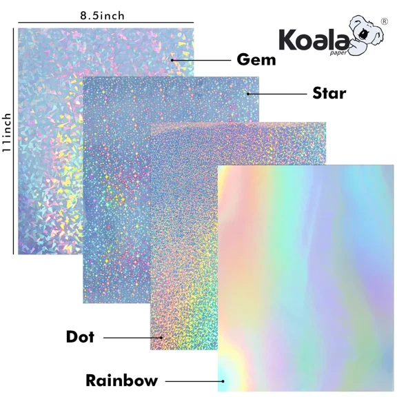 Koala Holographic Sticker Paper Waterproof Glossy 20 Sheets Mixed 4 Patterns Printable Vinyl Sticker Paper 8.5x11 for Inkjet + Laser Printers