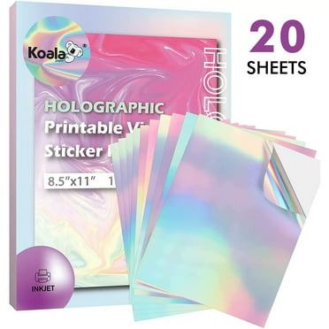 Koala Holographic Sticker Paper for Inkjet + Laser Printers - 20 Sheets Rainbow Waterproof Glossy Printable Vinyl Sticker Paper 8.5x11