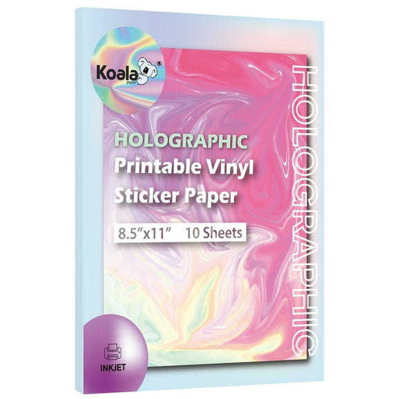Koala Holographic Sticker Paper for Inkjet + Laser Printers - Rainbow Waterproof Glossy Printable Vinyl Sticker Paper 8.5x11 10 Sheets