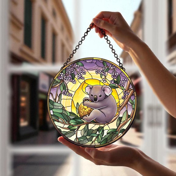 Koala In Glass Garden Suncatcher, Whimsical Leafy Cozy Interior Decor, 3.5 in