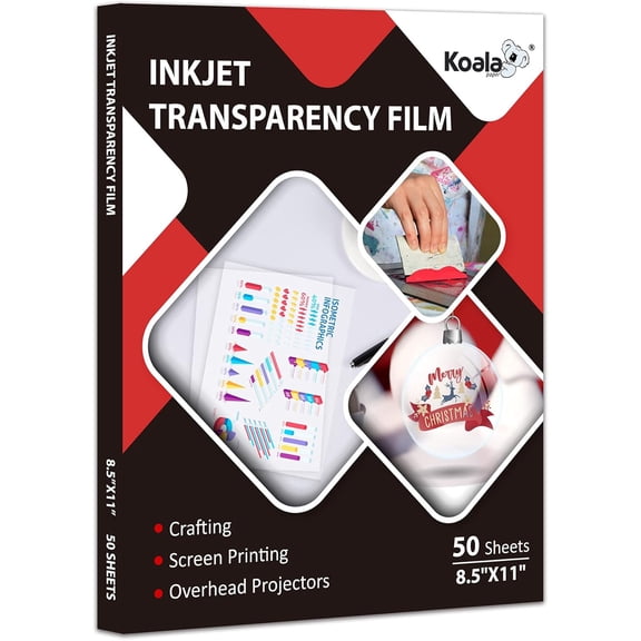 Koala Inkjet Transparency Film 50 Sheets 100% Clear Transparency Paper for Inkjet Printers, for Crafting, Overhead Projector, Screen Printing - 8.5x11 Inches