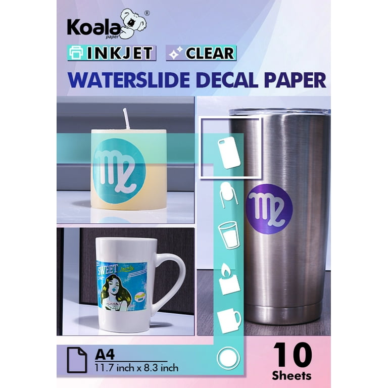 Koala Inkjet Waterslide Decal Transfer Paper CLEAR 10 Sheets A4 8.3 x 11.7  Inch Water Slide Transfer on Tumblers, Plates, Mugs for DIY Holiday Gifts 