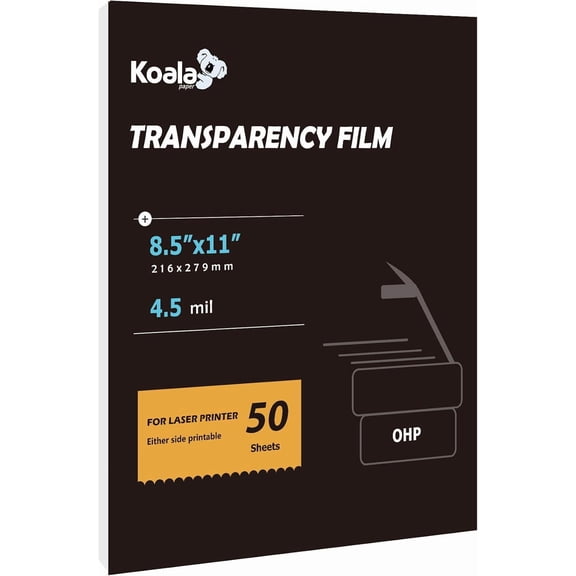 Koala Laser Transparency Film 8.5 x 11 Inches, 50 Sheets - 100% Clear Waterproof Transparency Sheets for Laser Printers, Copiers, Crafts & Presentations