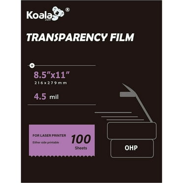 Koala Laser Transparency Film 8.5x11, Printable Transparent Film Paper, Clear Overhead Projector Film 100 Sheets for Laser Jet Printer and Copier,Double-sided Printing