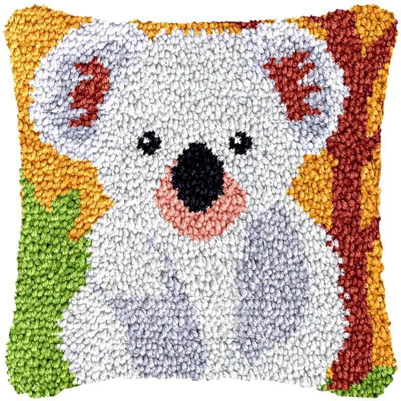 Koala Latch Hook Pillow Cover Kits for DIY Handmade Throw Pillow Cross Stitch Latch Hook Pillowcase Rug Kits with Preprinted Color Pattern Canvas Crochet Yarn Kits 17''X 17''(fv13)