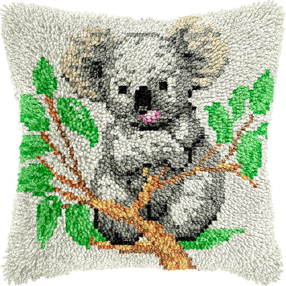 Koala Latch Hook Pillow Kits for DIY Handmade Throw Pillow Cushion Embroidery Latch Hooking Pillowcase Kits with Preprinted Canvas Crochet Yarn Kits 17''X 17''(g136)