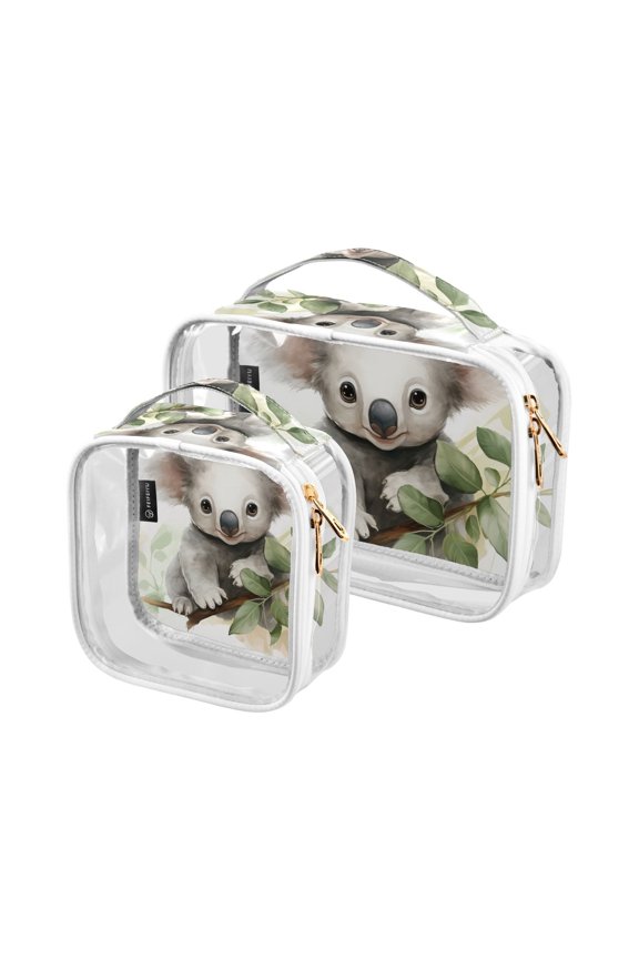 Koala Leaves Grey Clear Cosmetic Bags with Handles PVC Toiletry Bags Zipper Waterproof Portable for Traveling 2 Pcs