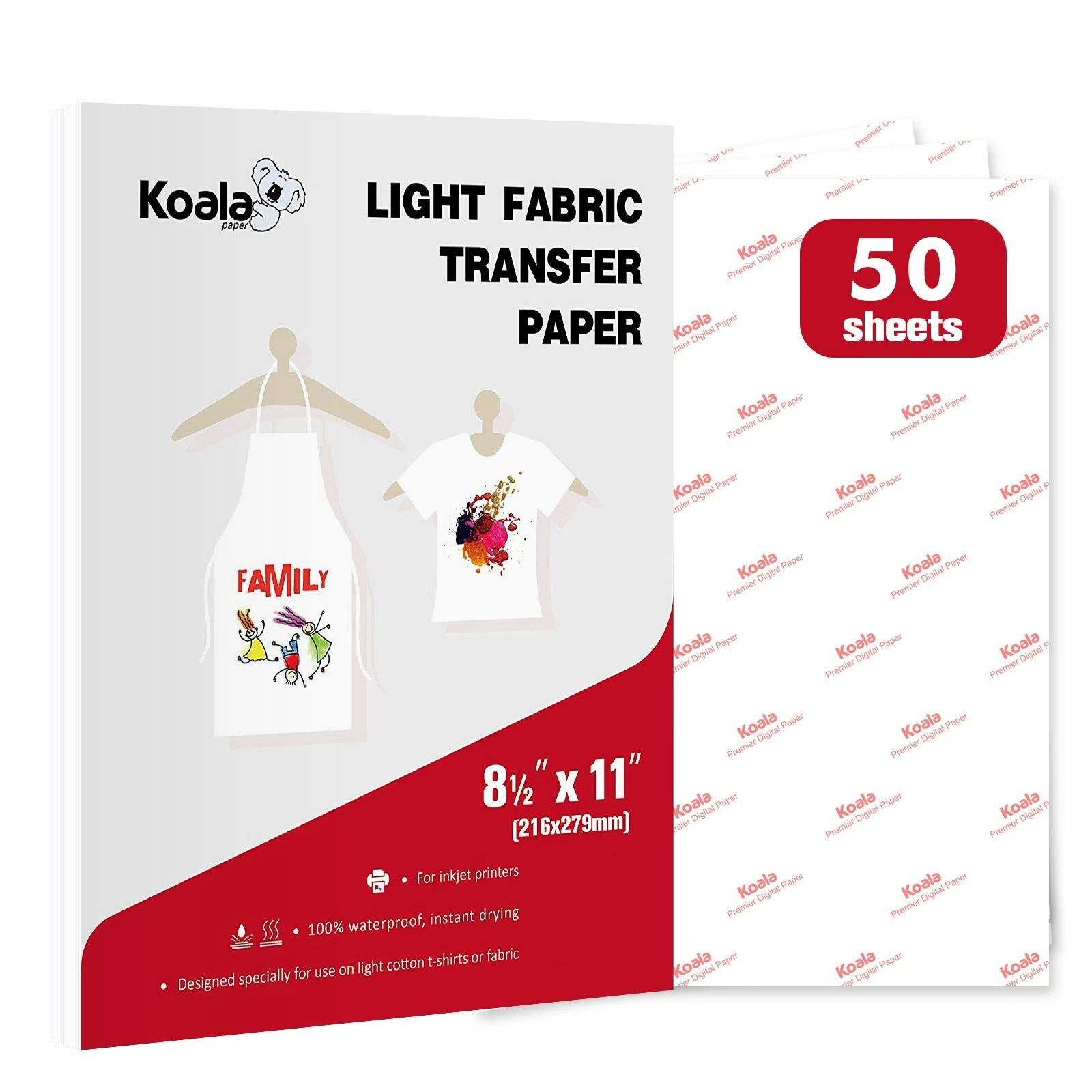 Koala Iron-on Light T-shirt Transfer Paper, 50 Sheets, Printable Heat Transfer Vinyl Paper for Inkjet Printers, 8.5x11 inch