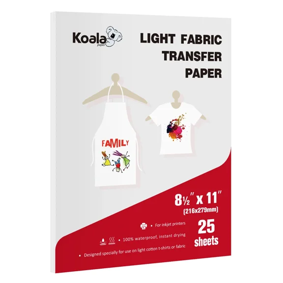 Koala Light T-shirt Transfer Paper, Printable Heat Transfer Vinyl Paper for Inkjet Printers, 25 Sheets, 8.5x11 inch, Iron-on