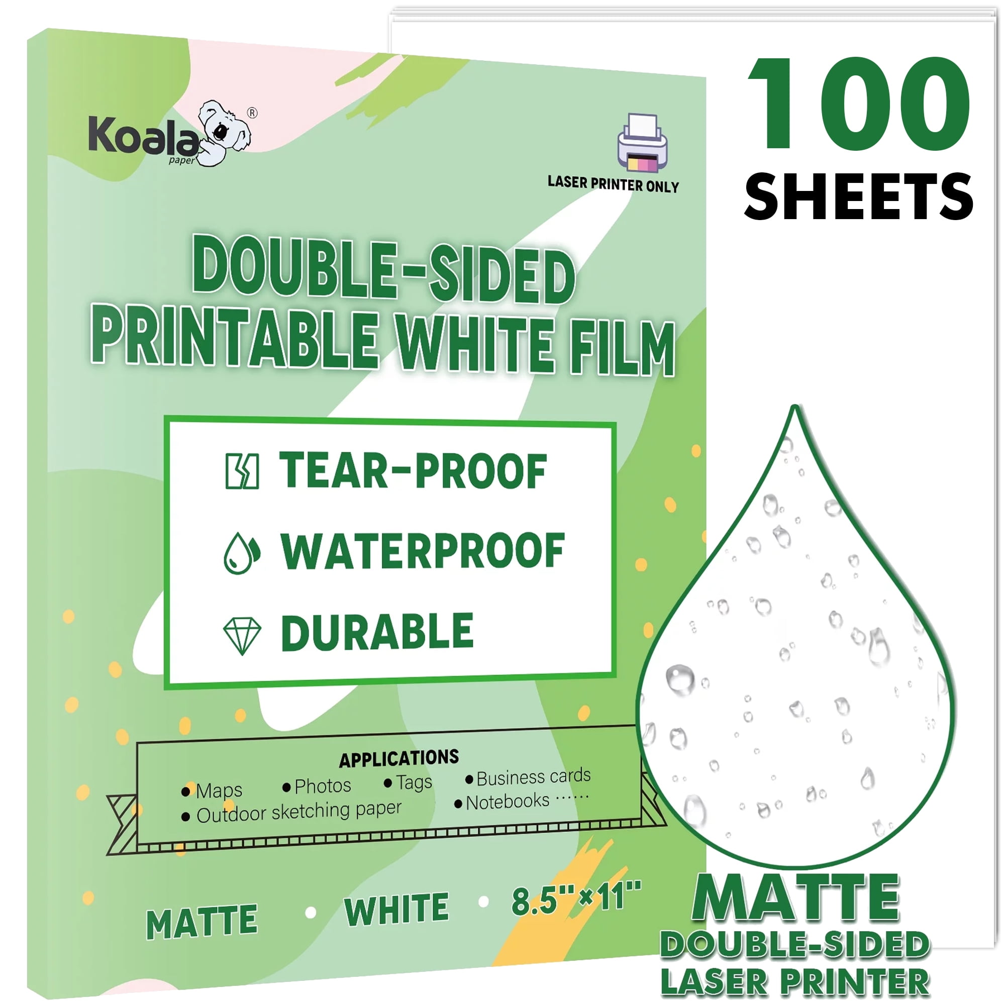Koala Waterproof Paper for Laser Printer, Tear Proof Synthetic Paper, Matte Double Sided Printable White Film 8.5x11 in 25 Sheets for Printing
