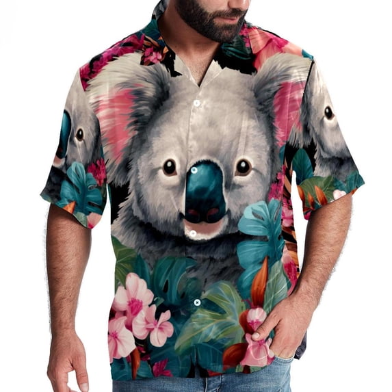 Koala Men's Casual Printed Button Down Short Sleeve Poplin Hawaiian Beach Shirt with Spread Collar Tops
