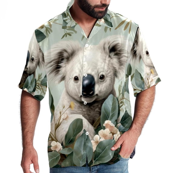 Koala Men's Short Sleeve Button Down Poplin Hawaiian Shirt for Summer Beach, Casual Printed Unisex Style