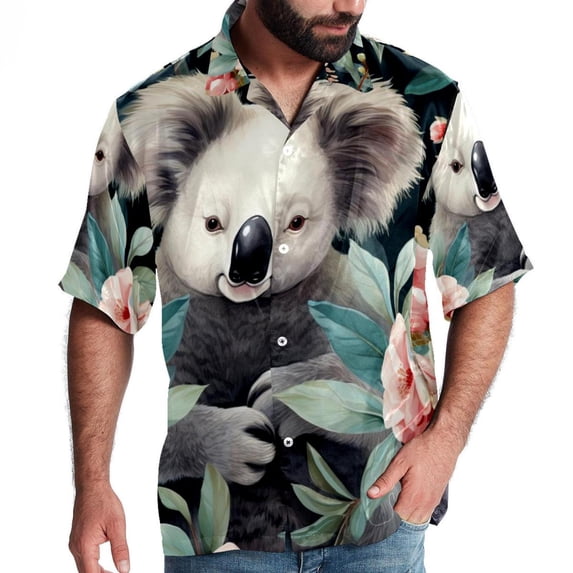 Koala Men's Short Sleeve Poplin Shirt, Casual Button Down Shirts, Printed Summer Beach Shirt, Unisex Casual Button Down Top