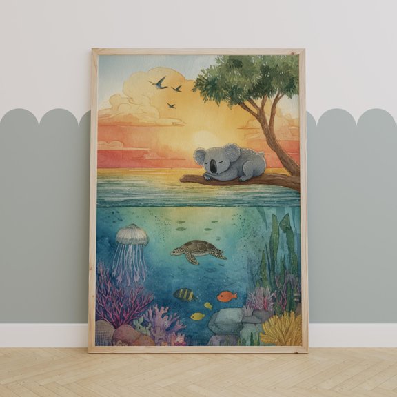 Koala Ocean Nursery Wall Art , Calm Sunset Animal Print , Under The Sea Room Decor , Whimsical Nursery Poster , Poster Print Only
