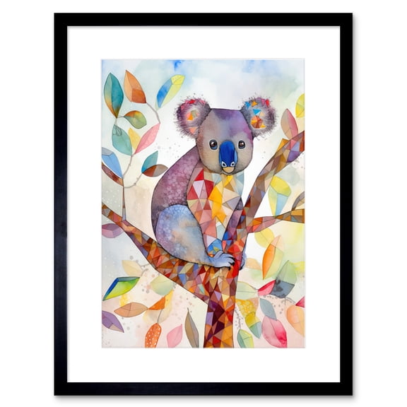 Koala On Tree With Multicolour Polygon Pattern Folk Art Watercolour Painting Artwork Framed Print Wall Art 9X7 Inch