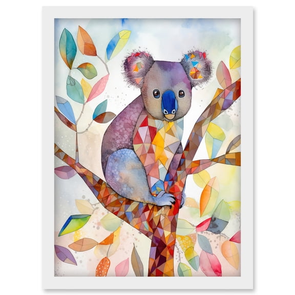 Koala On Tree With Multicolour Polygon Pattern Folk Art Watercolour Painting Artwork Framed Wall Art Print A4