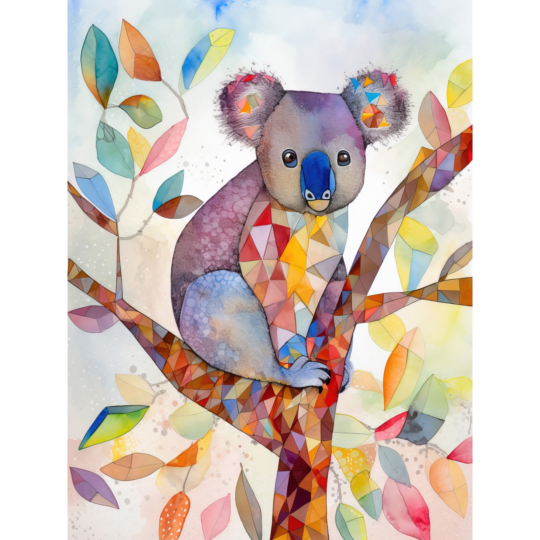 Koala On Tree With Multicolour Polygon Pattern Modern Folk Art