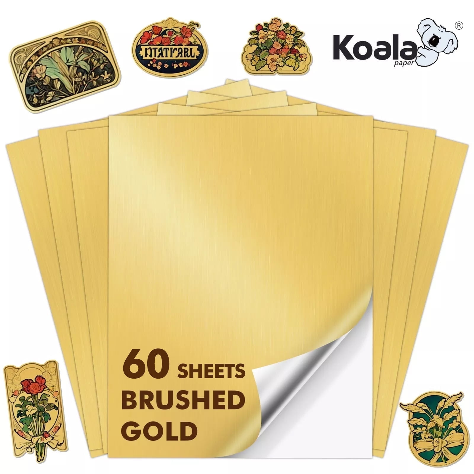 Koala Paper Brushed Gold Printable Vinyl Sticker Paper, 8.5x11, 60 Sheets Waterproof Sticker Paper for Inkjet + Laser