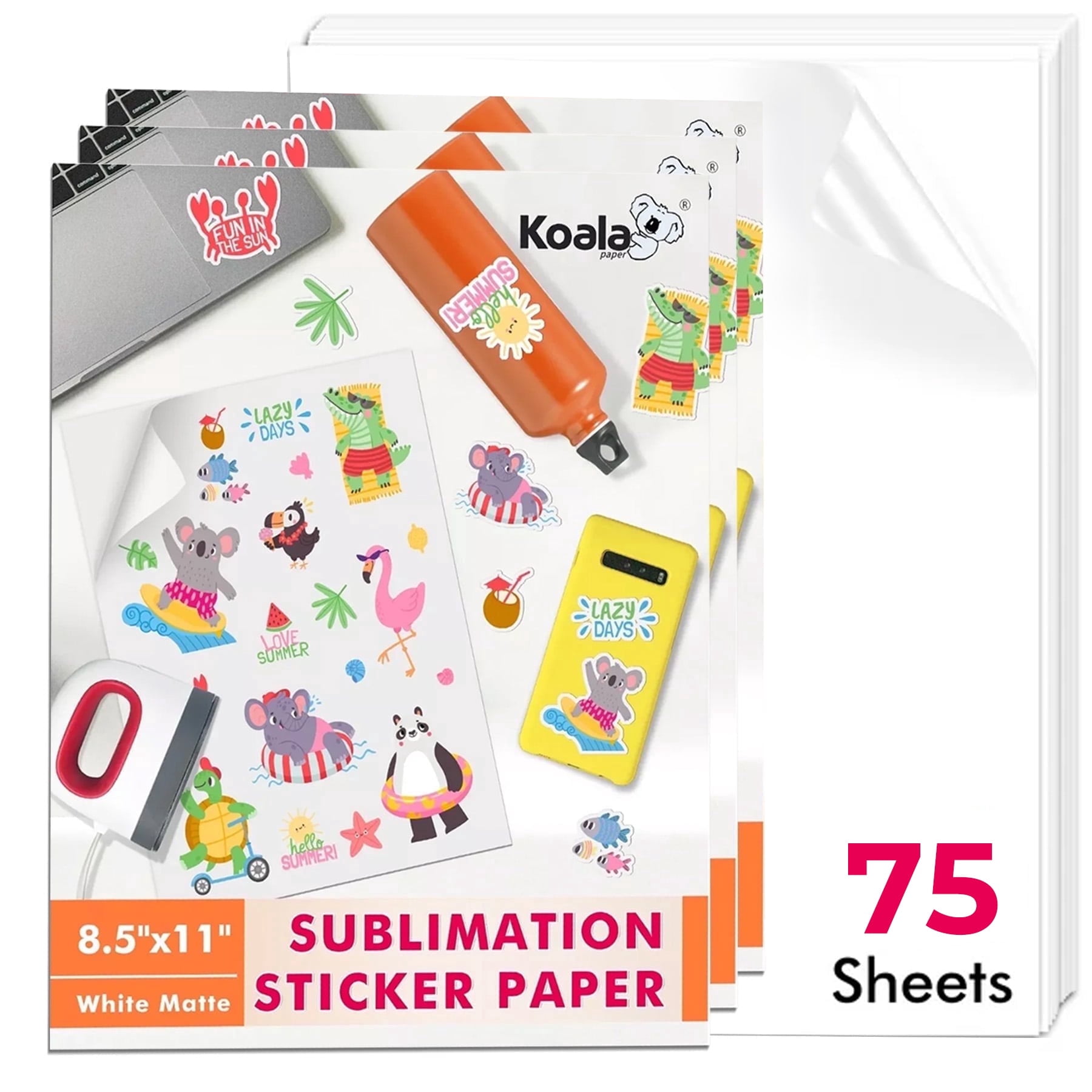 Koala Sublimation Sticker Paper,  Matte White, Bulk 75 Sheets, 8.5x11 , Waterproof, Non-printable Vinyl Sticker Paper for Sublimation Heat Transfer