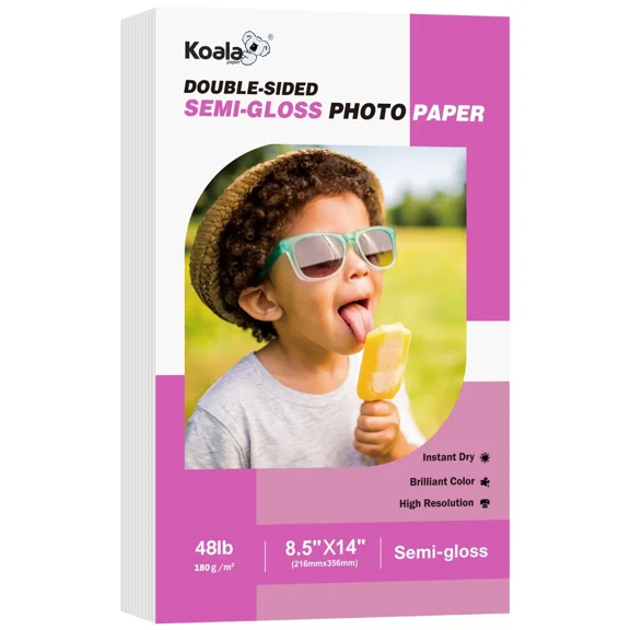 Koala Premium Double-sided Photo Paper 48lb Semi Glossy 8.5x14 inch 100 Sheets for Inkjet and Laser Printers