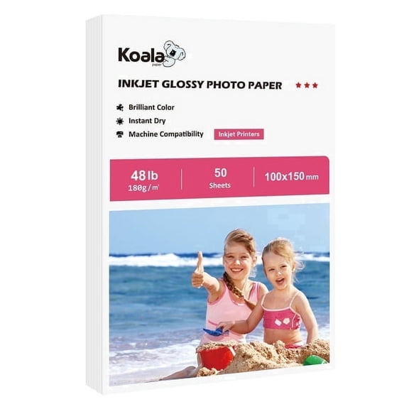 Koala Premium Photo Paper 4x6 Glossy, 10x15 cm, 180gsm, 10mil,  Inkjet Picture Printer Paper for HP, Canon 50 Sheets