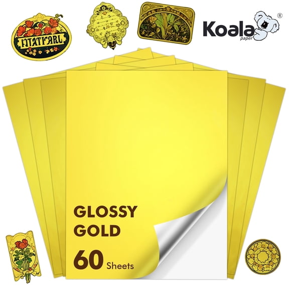 Koala Foil Gold Printable Vinyl Sticker Paper for Inkjet + Laser Printers, 60 Sheets 8.5x11 Waterproof, Durable, Shiny