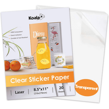 Koala Printable Clear Sticker Paper - ONLY for Laser Printer - 8.5x11 Inch 20 Sheets Full Sheet 100% Transparent Label Paper for DIY Personalized Decals, Labels