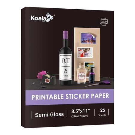 Koala Printable Sticker Paper 8.5x11 Semi-Gloss for Inkjet & Laser Printers, Full Sheet Label Paper Self-Adhesive Printer Paper Semi Glossy 25 Sheets