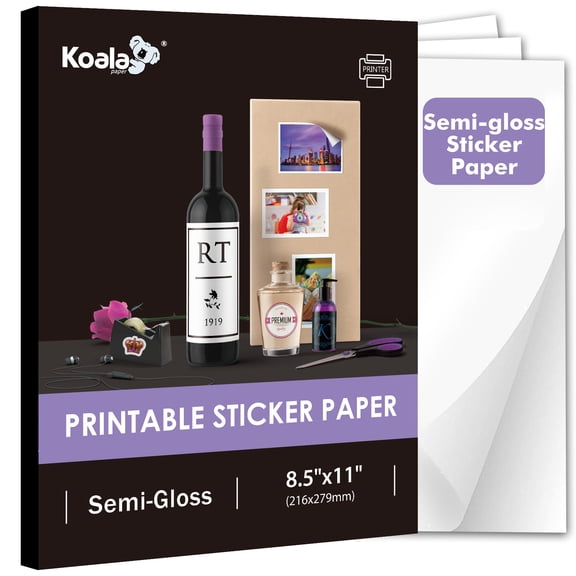 Koala Semi-Gloss Sticker Paper 8.5x11 for Inkjet + Laser Printers, Full Sheet Label Paper, Adhesive Semi Glossy Photo Paper 25 Sheets