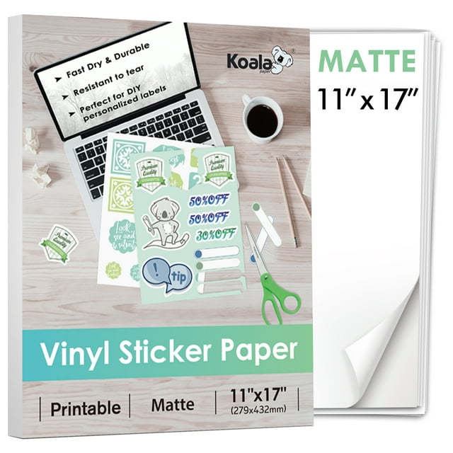Koala Printable Vinyl Sticker Paper 11x17 Inches Matte White Waterproof