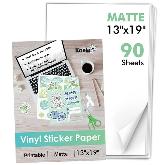 Koala Printable Vinyl Sticker Paper 13x19 for Inkjet + Laser Printers,90 Sheets Matte White Waterproof Sticker Paper