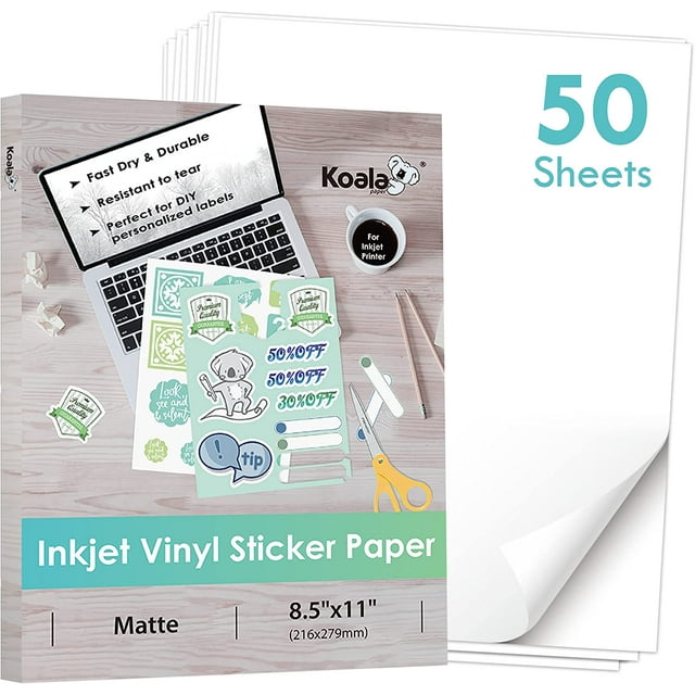 Koala Printable Vinyl Sticker Paper for Inkjet Printer 50 Sheets