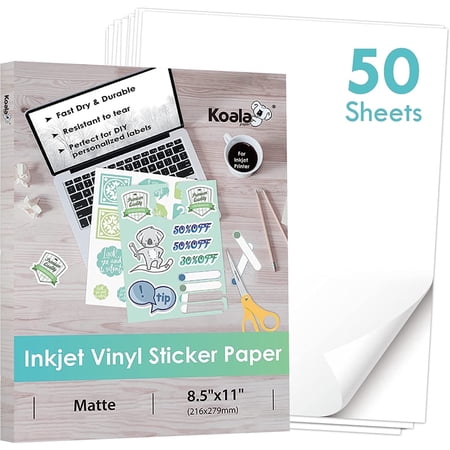 Koala Printable Vinyl Sticker Paper 8.5x11 inch for Inkjet Printers - 50 Sheets, Matte White Waterproof Sticker Paper