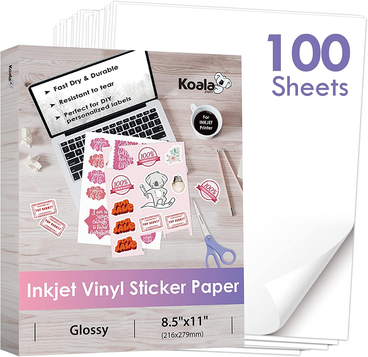Koala Sticker Paper Matte White, 8.5x11 Inch 100 Sheets Printable Full  Sheet Label Paper for Inkjet Printers, Work with Cutter Machines 