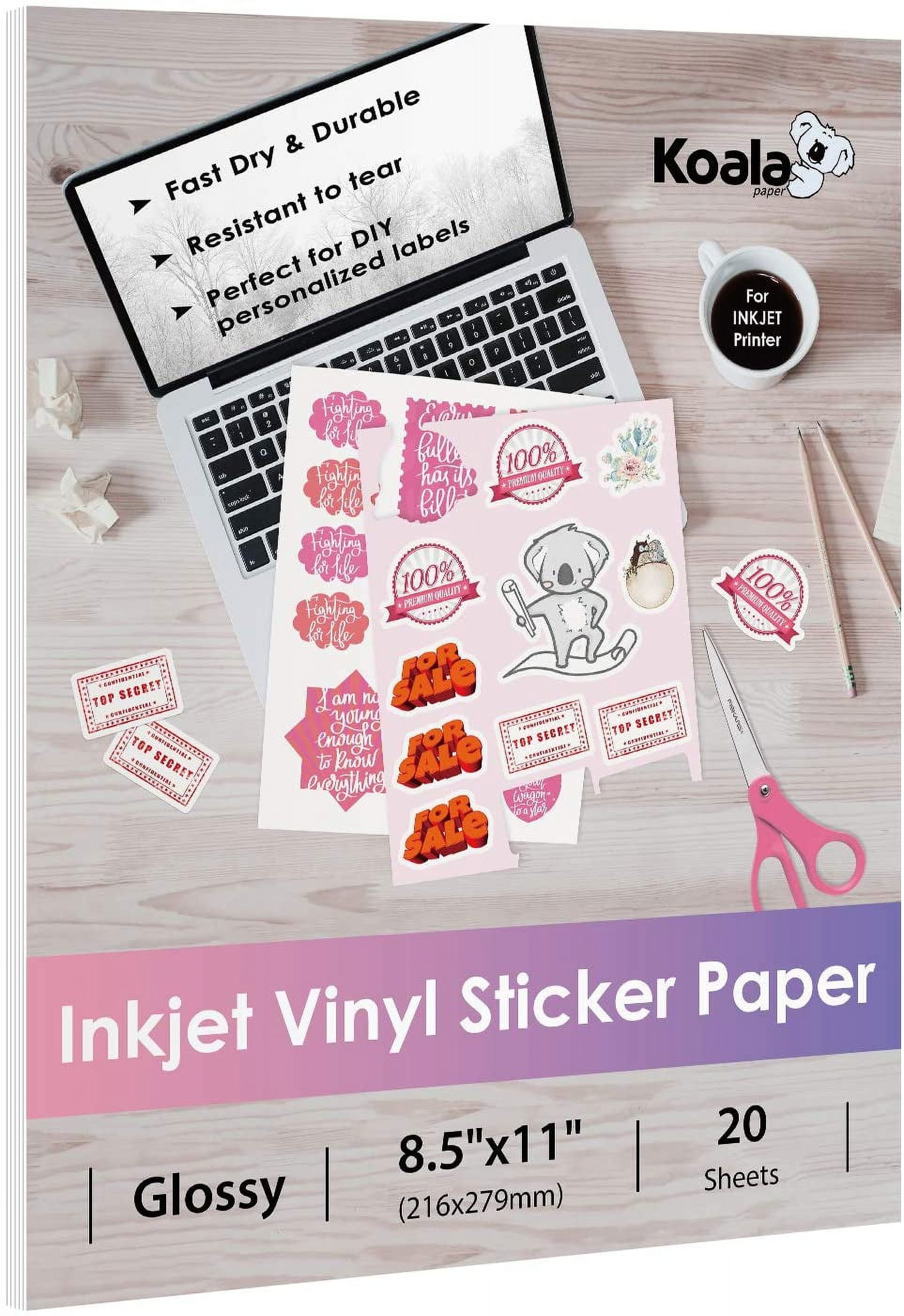 Koala Printable Vinyl Sticker Paper for Inkjet Printers 20 Sheets Glossy  White Waterproof Printable Sticker Paper 8.5x11 Inch, Tear-Resistant