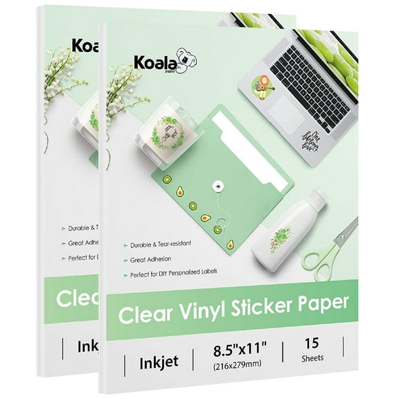 Koala Printable Vinyl Sticker Paper for Inkjet Printers - Waterproof Clear Stickers Paper 8.5x11, 30 Sheets, for DIY Personalized Stickers, Labels, Decals