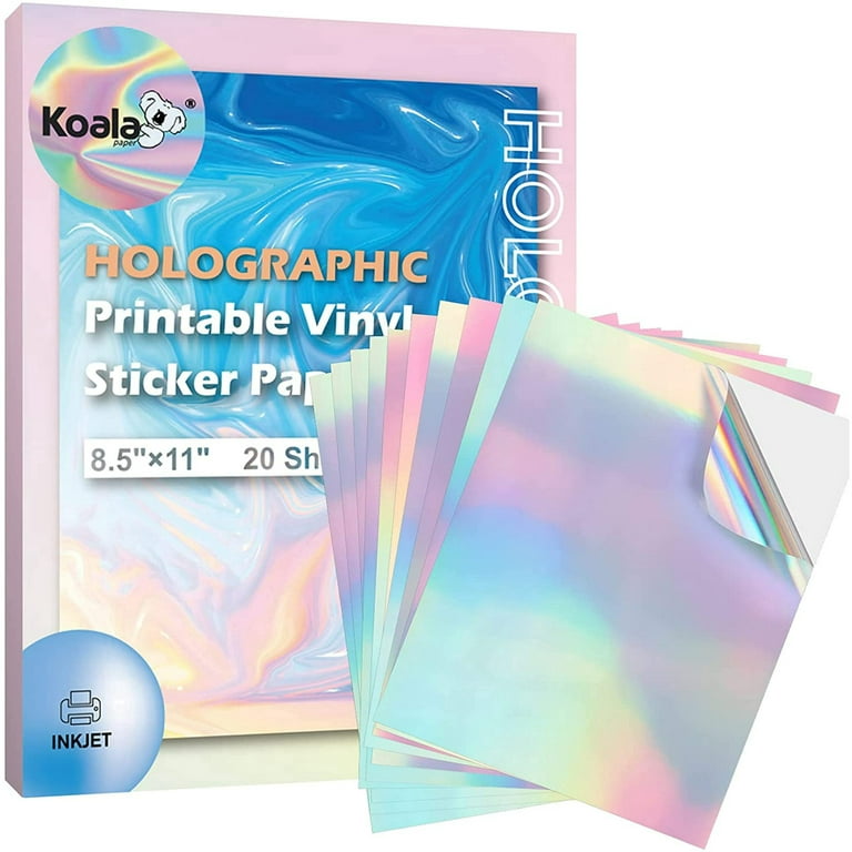 Koala Printable Vinyl Sticker Paper Waterproof Holographic for Inkjet +  Laser Printers 20 Sheets 8.5x11 - Rainbow Glitter Sticker Paper for Printer  