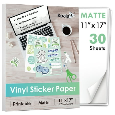 Koala Printable Vinyl Sticker Paper for Inkjet Printer 30 Sheets 11x17 Inches Waterproof Matte White Full Sheet Label, Repositionable Sticker Sheets